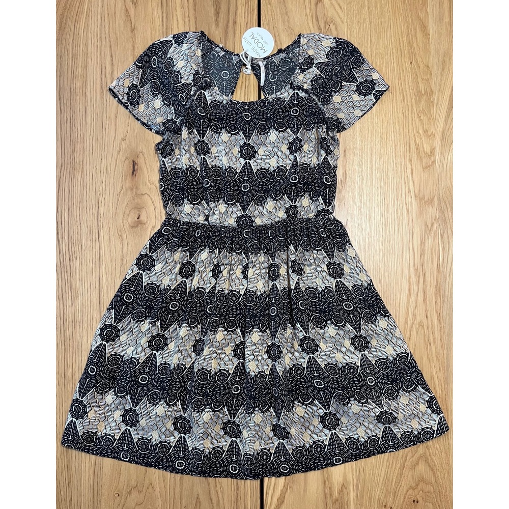 Free People Good Earth Batik Print Dress Womens Small Black Tan Boho Cut-Out